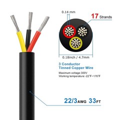 22 Gauge 3 Conductor Electrical Wire, 33FT 2464 22AWG 3 Wire Cable Black PVC …