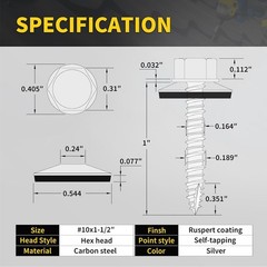 Metal Roofing Screws #10 X 1-1/2″, 300 PCS, RUSPERT Hex Head Rubber Washer Shee