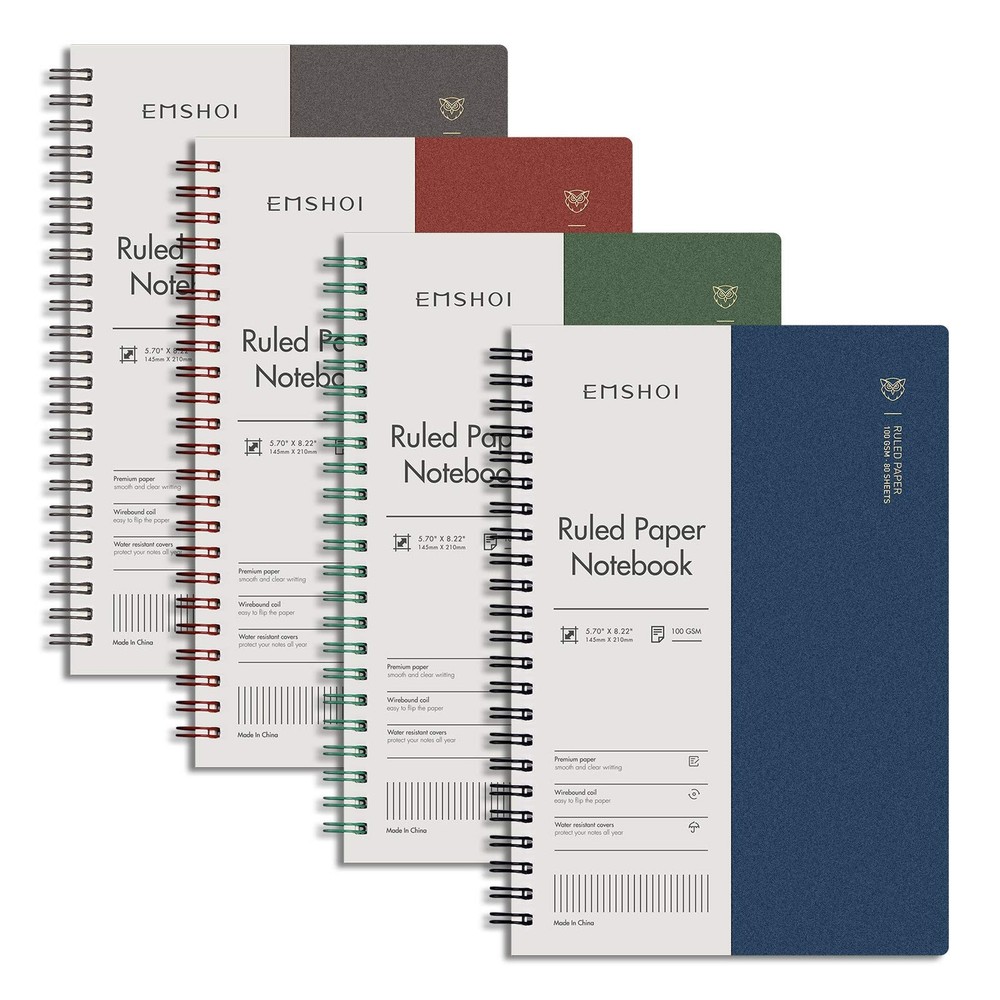 EMSHOI Lined Journal Spiral Notebook 5.7″ 4Pcs-A5-Ruled, Brown Red Green Blue