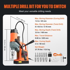 11HSS Bits Magnetic Drill 1450W 12500N Portable Mag Drill Press 850RPM 1.6″