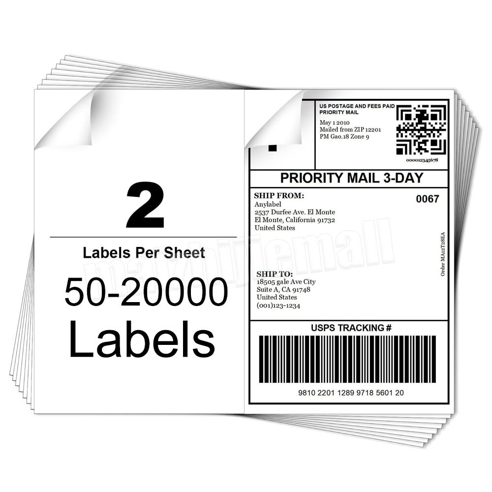 50-20000 8.5″ x 5.5″ Shipping Labels Half Sheets Blank Self Adhesive 2 Per Sheet