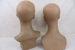 2 Vintage Fiberglass Mannequin Head Wig Painted Eyes Halloween Bust Eyelashes