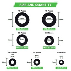 650-Pieces Nylon Flat Washer M3, M4, M5, M6, M8, M10, M12 millimeters, Black
