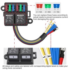 12V Pre-Wired Fuse Relay Box with 2 Relays & 6 ATC/ATO Fuses 4-Pin 80A