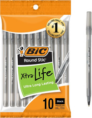 Round Stic Xtra Life Black Ballpoint Pens, Medium Point (1.0mm), 10-Count Pack o
