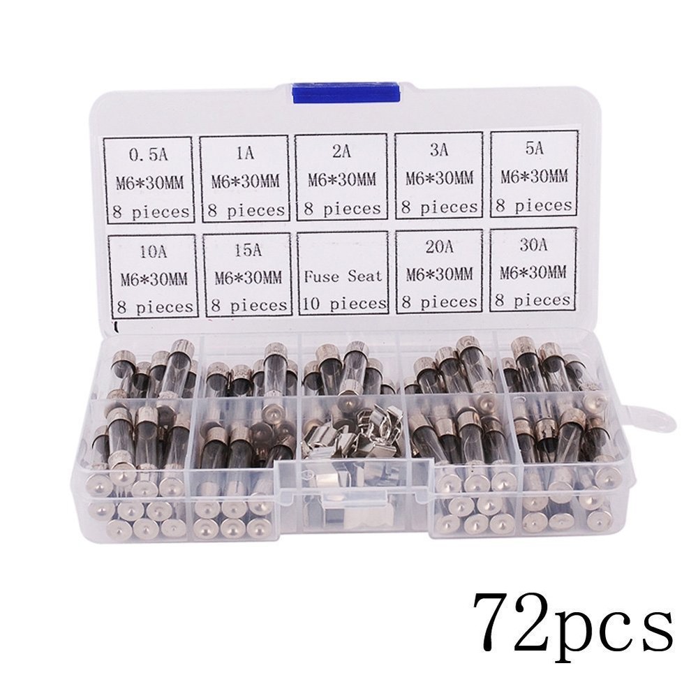 6x30mm 72 Car Boat Quick Blow Glass Tube Fuse Assorted Kit Fast-blow Glass Fuses