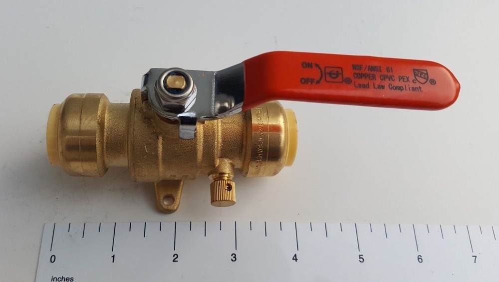 1) 3/4″ PUSH FIT BALL VALVE WITH DRAIN AND DROP EAR, LEAD FREE
