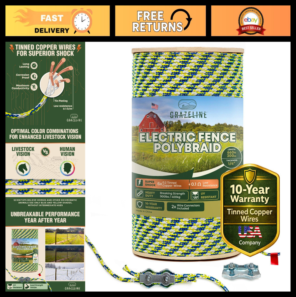 Heavy Duty Electric Fence Polybraid Rope 660ft – 1/4″ Thick, 900lb Strength, UV