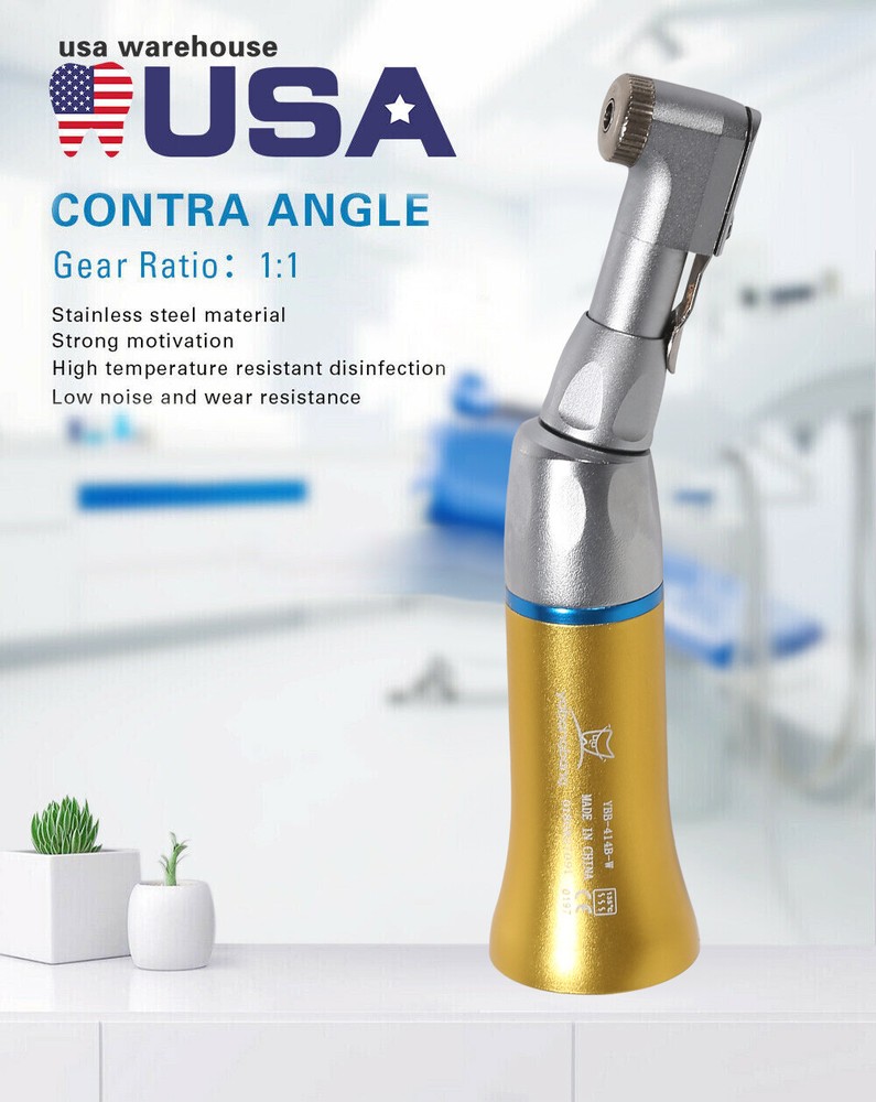 Dental Contra Angle Low Speed Handpiece Latch 2.35mm Bur 1:1 Gear Gold