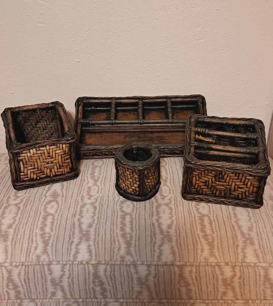 Vintage 4 Pc Woven Bamboo Rattan Wicker Desk Organizer Set Pencil Letter Boho
