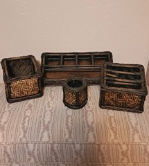 Vintage 4 Pc Woven Bamboo Rattan Wicker Desk Organizer Set Pencil Letter Boho