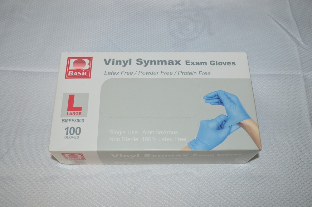 BASIC ~ VINYL SYNMAX EXAM GLOVES ~ LATEX FREE ~ POWDER FREE ~ 100 COUNT ~ LARGE