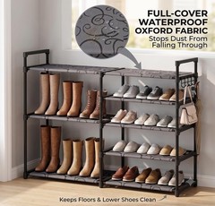 5 Tier Shoe Rack Black Tubes Shoe Rack with Oxford Fabric Lightweight Shoes S…