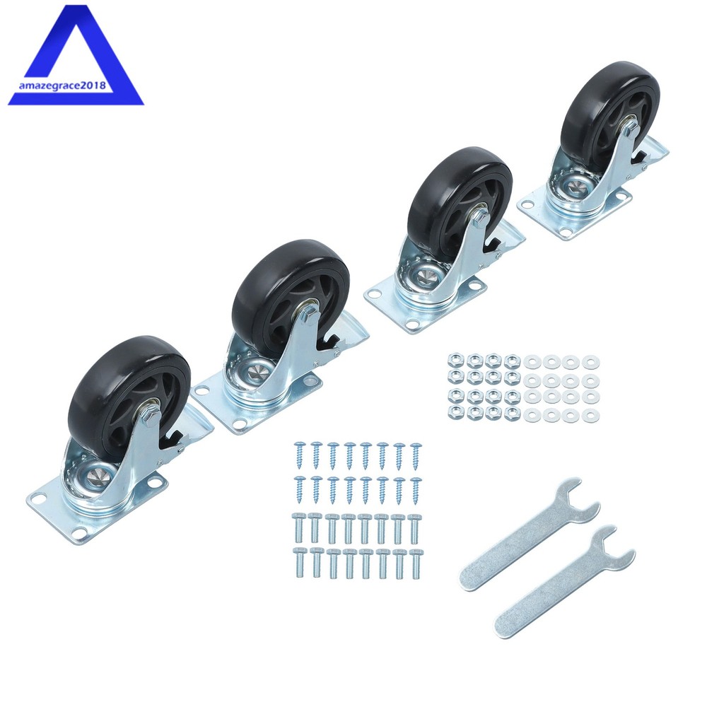 4Pcs Heavy Duty Polyurethane Black Casters 4-Inch 360 Rotation WIth Brake Caster
