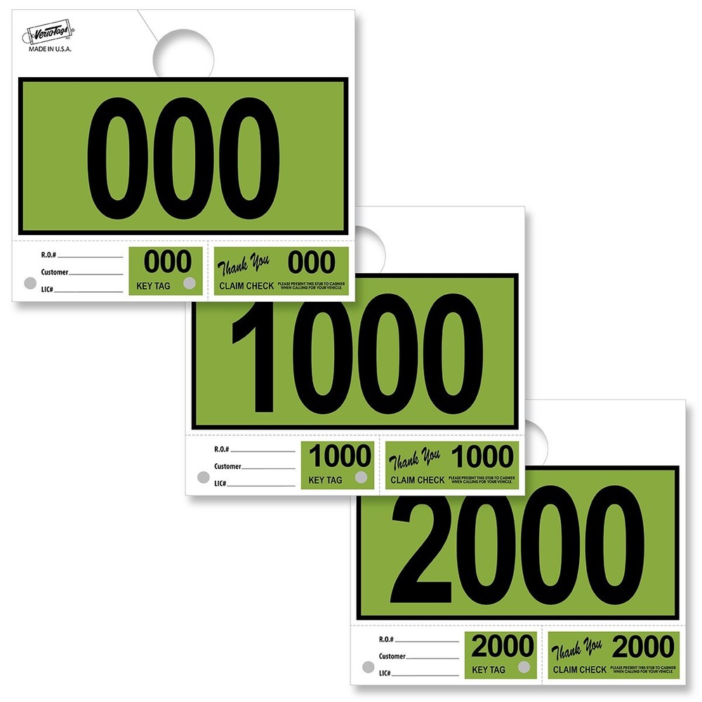 Versa-Tags 3000 Lime Green Automotive 3 Part Dispatch Numbers Mirror Hang Tags
