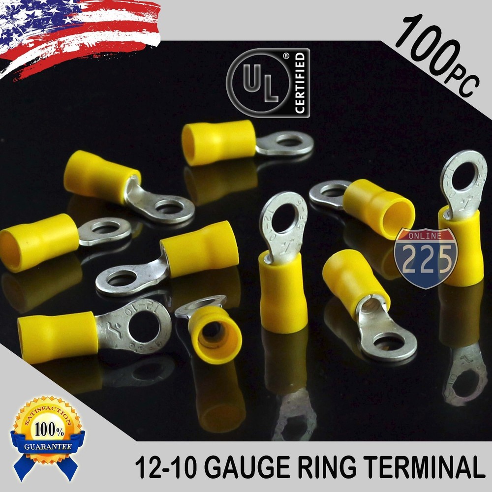 100 PACK 12-10 Gauge #10 Stud Insulated Vinyl Ring Terminals Tin Copper Core US