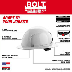 BOLT White Type 1 Class C Full Brim Vented Hard Hat with 4 Point Ratcheting Susp