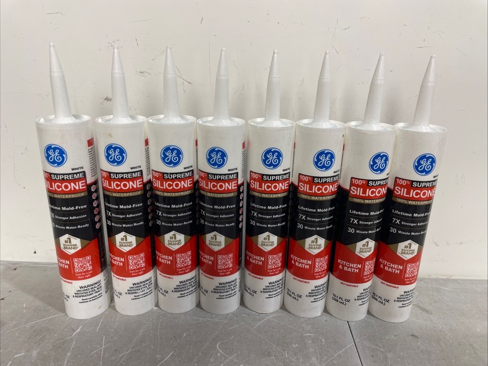 GE Supreme Silicone Caulk for Kitchen Bathroom, White, 10 fl oz Cartridge, 8PK
