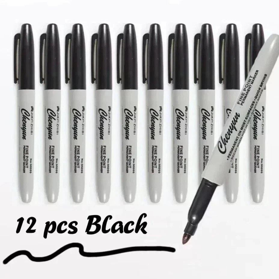 12pcs Black Permanent Marker Pens Fine Tip Waterproof Quick Dry Ink**