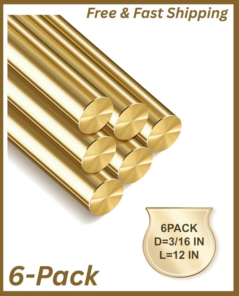 6-Pack Solid Brass Rods 3/16 X 12 Inch Brass Rod Premium Brass round Stock Pr