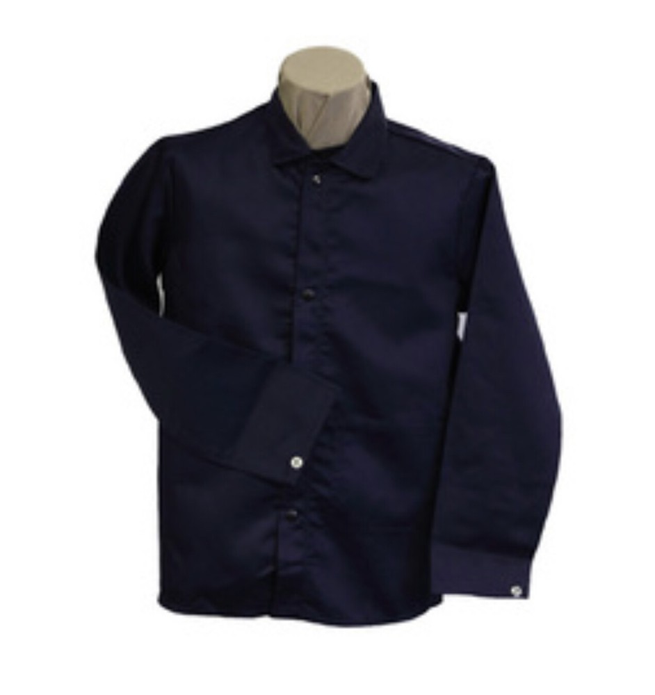 Stanco Welding Jacket/Shirt Sz Small Navy Blue 100% Cotton FR Snap Closure 30”