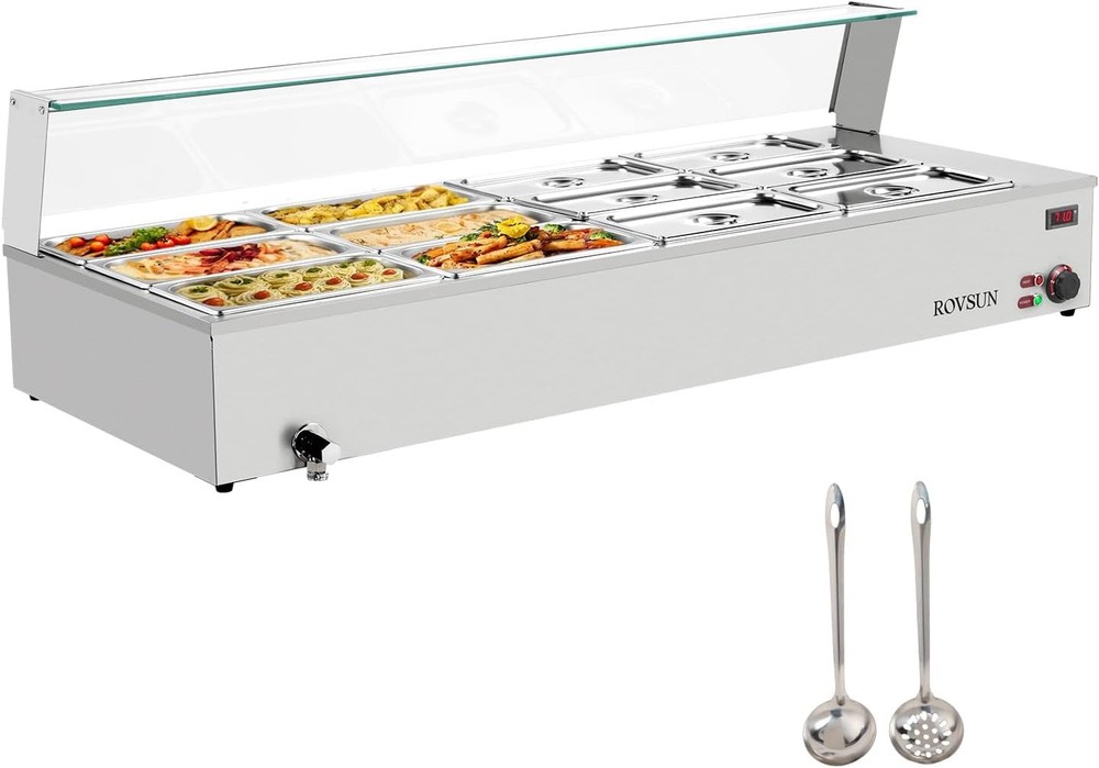 96QT 1500W Electric Commercial Food Warmer, 12-Pan Steam Table 8QT/Pan w/Shield