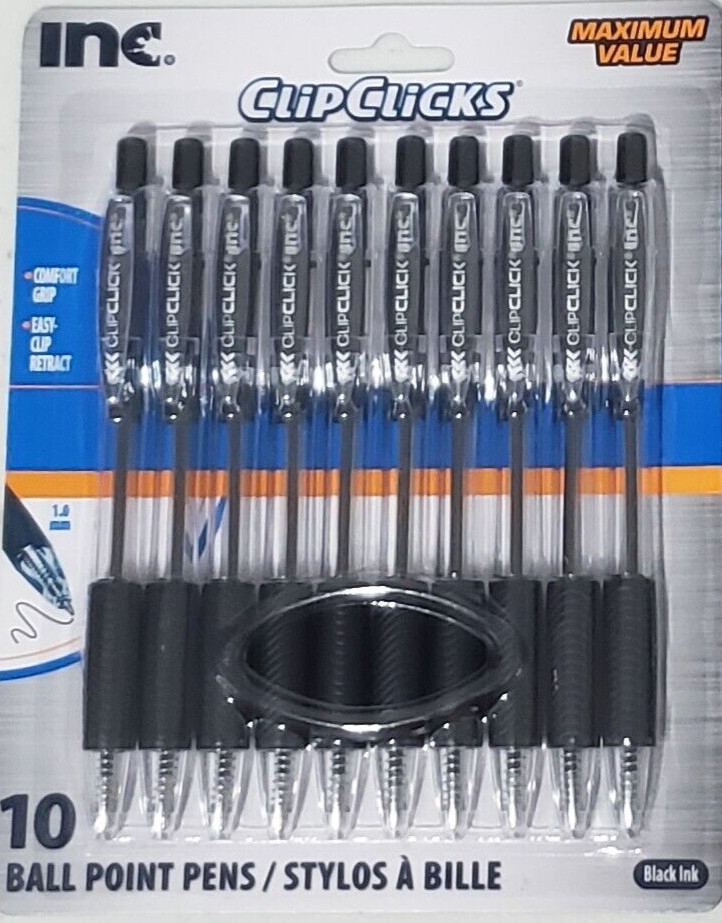 Inc Clip Clicks Retractable Ball Point Pens 1.0mm 10 Pens ~ Black Ink