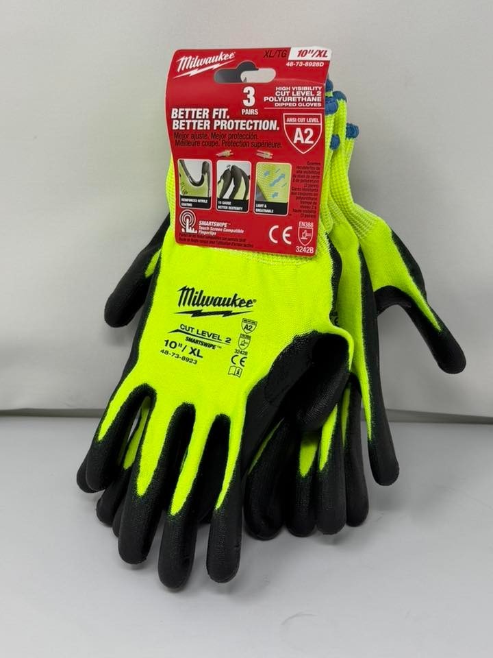 Milwaukee High Visibility Cut Level 2 Polyurethane Gloves Green 3 Pairs XL and L