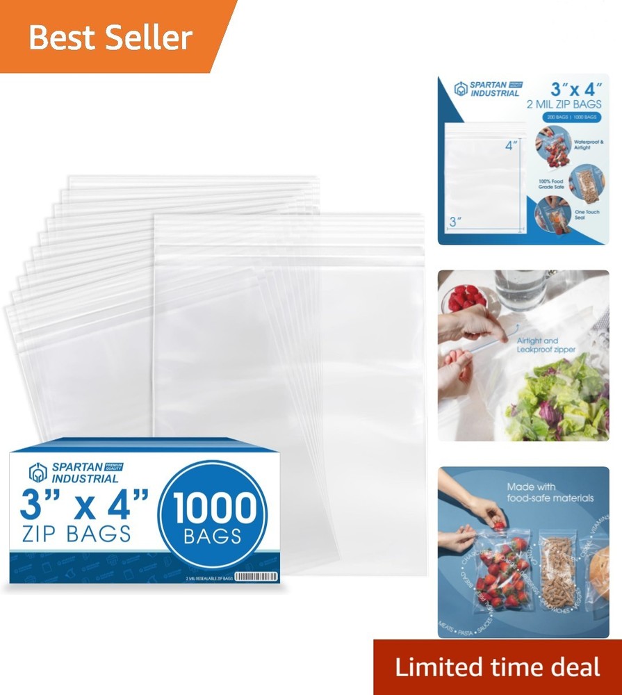 3” X 4” 1000 Count 2 Mil Clear Reclosable Zip Plastic Poly Bags with Resealab…
