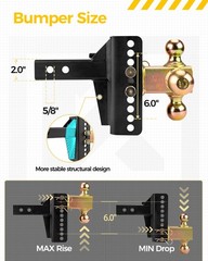Adjustable Trailer Hitch,2″ Receiver,6″ Drop/Rise,Balls 20000 lbs
