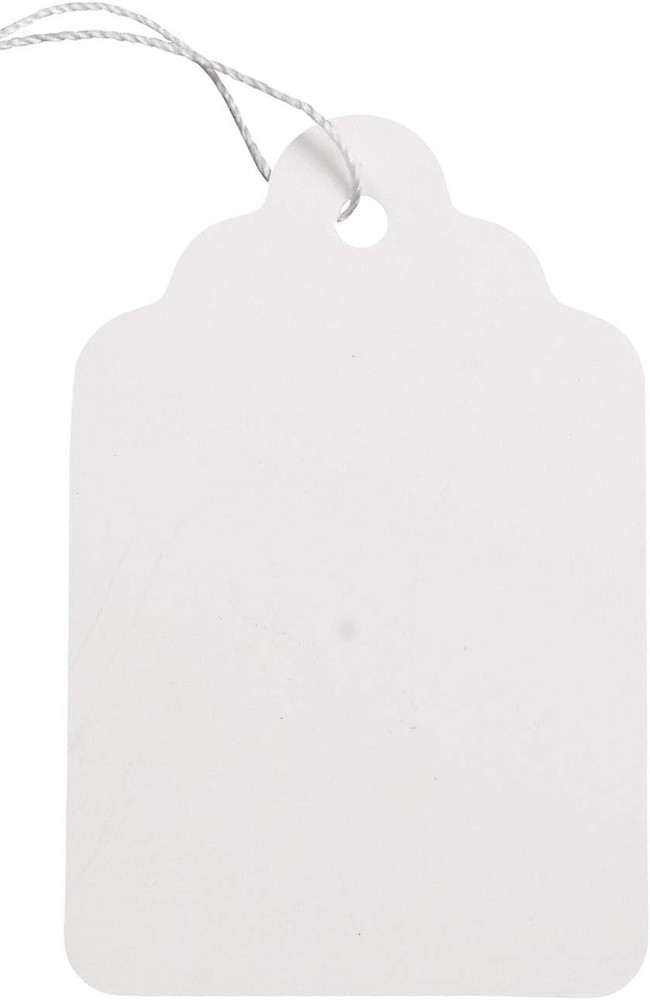 1000 White String Tags Strung 1″ W x 1 1/2 H ” #4 Blank Merchandise Strings