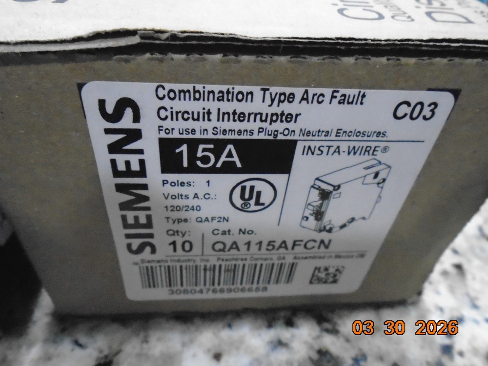 (10) X SIEMENS QA115AFCN 15AMP COMBINATION ARC FAULT BREAKERS AFCI BRAND NEW