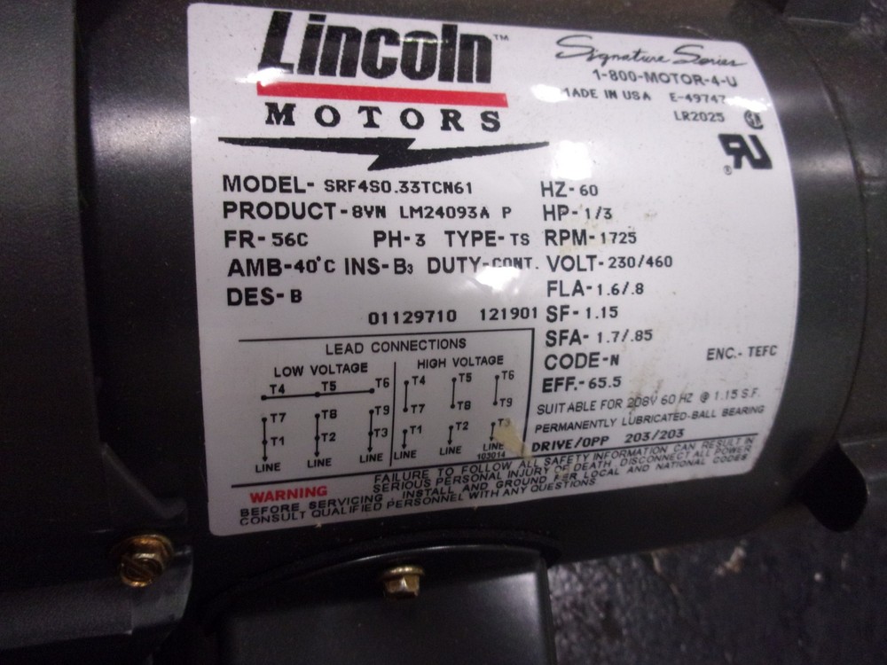 1/3 HP 1800 RPM 56C FR C LINCOLN 3 PHASE MOTOR NEW *LIQUIDATION*