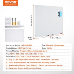 VEVOR Magnetic Glass Whiteboard Dry-Erase Board 36×24/72×36/48×32″ Wall Mounted
