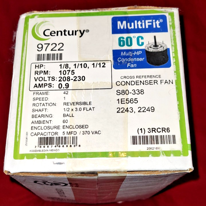 Century 9722 5” Condenser Motor Multi HP 1/8, 1/10, 1/12 208-230 Volt 1075 RPM