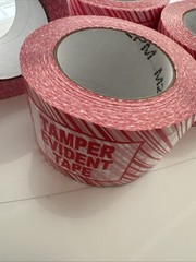 (QTY 4) Tamper Evident Sign Tape 2.5 mil 72mm x 100m with White & Red Stripes
