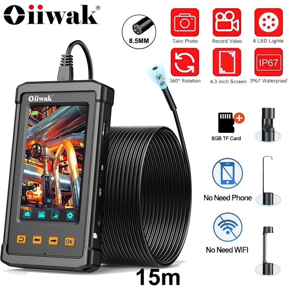 Oiiwak 8.5mm Industrial Endoscope Camera For Cars 1080P 4.3″ IPS IP68 Waterproof