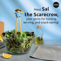 Sal Scarecrow Salad Tongs 2-Piece, Wooden Cute Kitchen Gadget for Serving, Blue