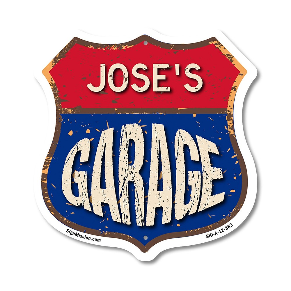 Jose’s Garage Shield Shaped Sign Weather Resistant Crafted in the USA