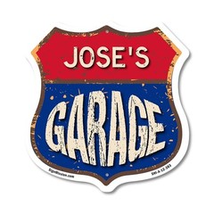 Jose’s Garage Shield Shaped Sign Weather Resistant Crafted in the USA