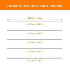80pcs Stainless Steel Rods 40cm 5 Diameters 1mm 1.5mm 2mm 2.5mm 3mm Stainless St