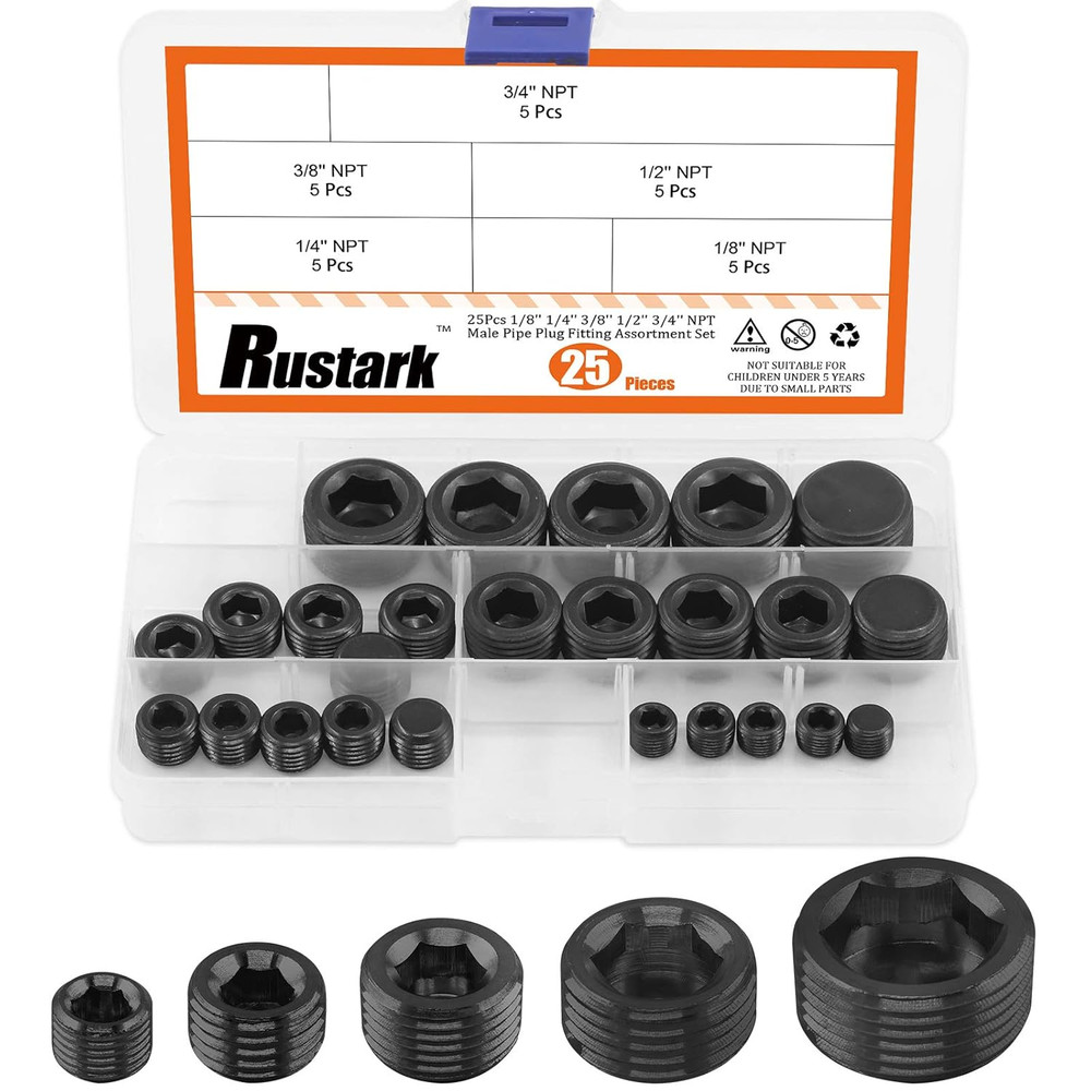 25 Pcs Carbon Steel Pipe Plugs Assortment Set with 1/8″ 1/4″ 3/8″ 1/2″ 3/4″ NPT