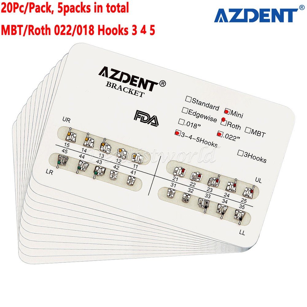 5Packs AZDENT Dental Ortho Brackets Mini/Standard MBT/Roth 022/018 Hooks 3 4 5