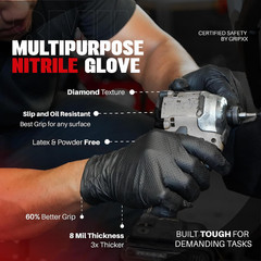 Herkules Grip Heavy Duty 8Mil Black Nitrile Gloves,3D Raised Diamond Texture-Lat