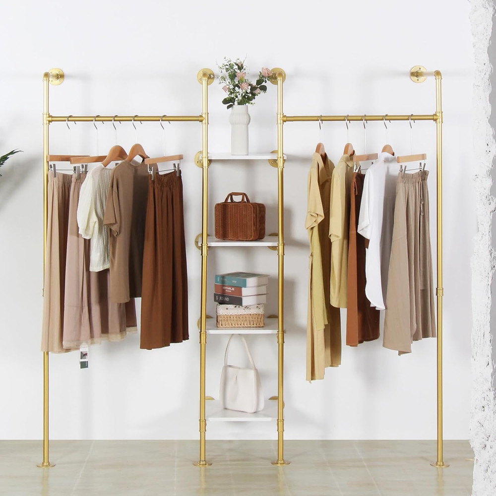 Gold Industrial Pipe Clothing Rack with Shelves – 4 Tier Steampunk Design