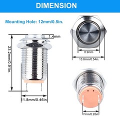2 PCS 12mm Latching Metal Waterproof Push Button Switch 1/2 Inch Hole