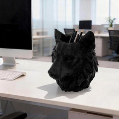 3D Printed Wolf Head Pen Holder, Black Plastic Animal Desk Stationery Organizer