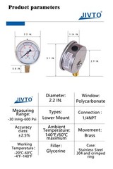 Pressure Gauge,Liquid Filled,2″ Dia,0-160 PSI,1/4 NPT Lower Mount