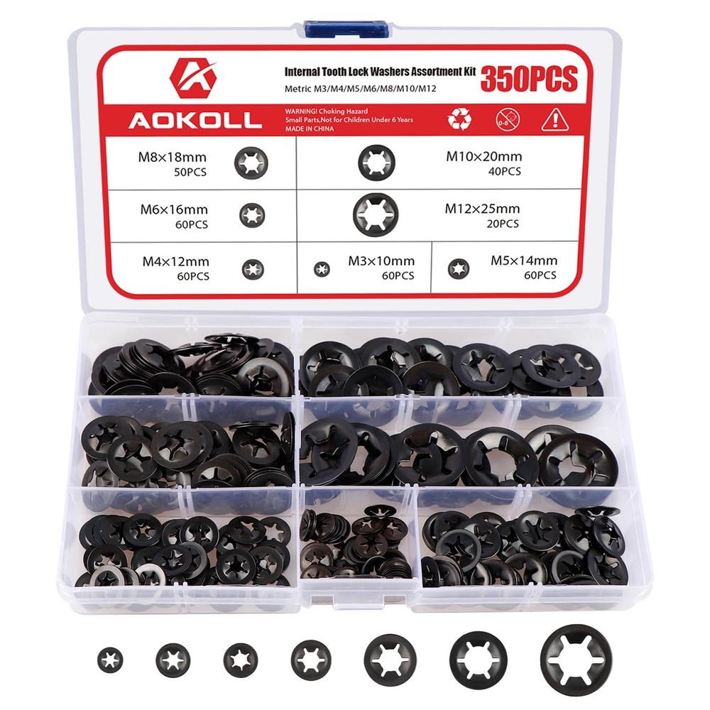 AOKOLL 350PCS Internal Tooth M3, M4, M5, M6, M8, M10, M12 millimeters, Black