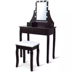 2-Piece Brown Makeup Vanity Set 10 Dimmable Bulbs Makeup Dressing Desk